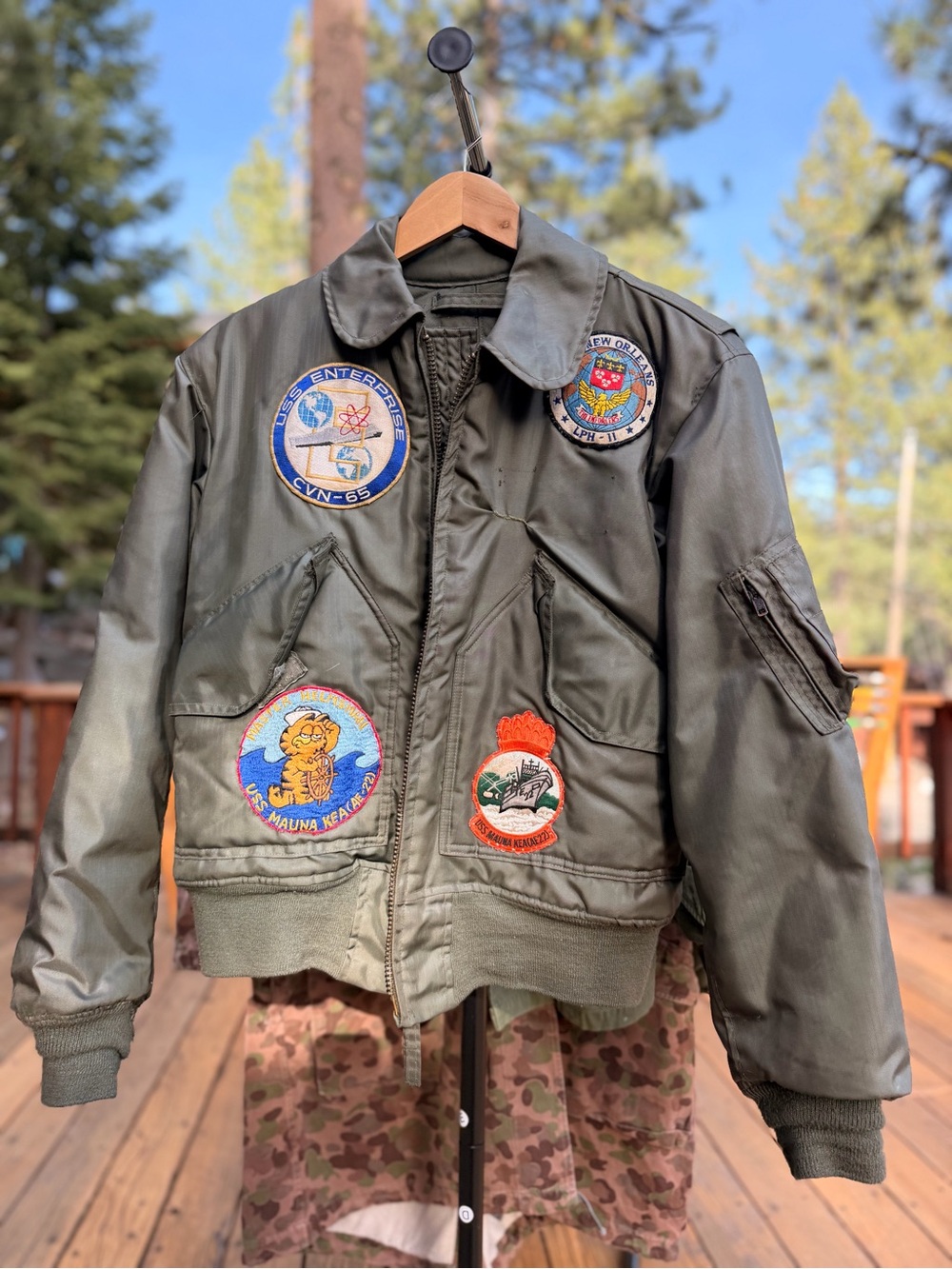 Vintage Military Bomber Jacket. Custom Naval Patches. Named "Sheldon".